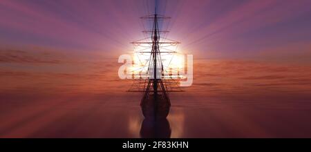 immagine di rendering 3d del tramonto della vecchia nave al mare Foto Stock