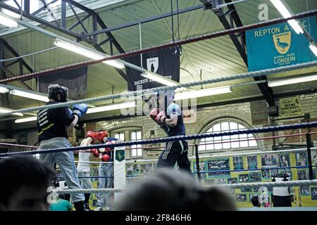 Giovani ragazzi si allenano al Repton Boxing club nella zona est di Londra, Regno Unito Foto Stock