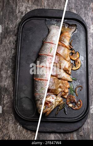 Immagine concettuale che mostra diverse fasi di cottura del pesce Foto Stock