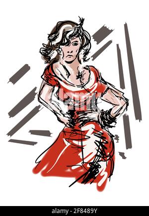 Disegno ritratto di una ragazza giovane in un vestito rosso. Moda donna eps10 vettore illustrazione isolato su sfondo bianco. Illustrazione Vettoriale