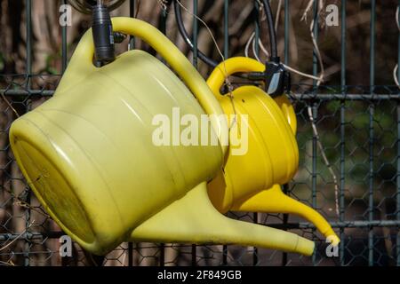 annaffiatura lattine nel loro posto di deposito ad un cimitero Foto Stock