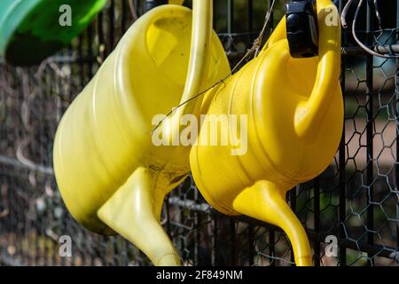 annaffiatura lattine nel loro posto di deposito ad un cimitero Foto Stock