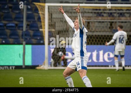 Brondby, Danimarca. 11 Apr 2021. Victor Kristiansen (34) del FC Copenhagen festeggia durante la partita 3F Superliga tra Brondby IF e FC Copenhagen al Brondby Stadium di Brondby. (Photo Credit: Gonzales Photo/Alamy Live News Foto Stock