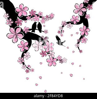 Un ramo di sakura con petali che cadono con uccelli volanti . Illustrazione vettoriale Illustrazione Vettoriale