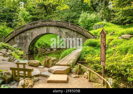 Engetsu-Kyo (Ponte della Luna piena) ai Giardini Koishikawa Korakuen, Tokyo, Giappone Foto Stock