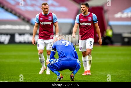 Londra, Regno Unito. 11 Apr 2021. James Vardy del Leicester City FC alla fine della partita della Premier League tra West Ham United e Leicester City allo stadio di Londra, Queen Elizabeth Olympic Park, Londra, Inghilterra, il 11 aprile 2021. Foto di Phil Hutchinson. Solo per uso editoriale, è richiesta una licenza per uso commerciale. Nessun utilizzo nelle scommesse, nei giochi o nelle pubblicazioni di un singolo club/campionato/giocatore. Credit: UK Sports Pics Ltd/Alamy Live News Foto Stock