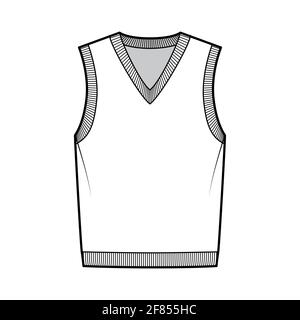 Gilet pullover gilet gilet gilet gilet gilet illustrazione tecnica moda con manica, maglia a costola, scollo a V, corpo oversize. Lato anteriore con dima piatta, colore bianco. Donne, uomini, unisex top CAD mockup Illustrazione Vettoriale