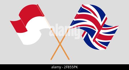 Bandiere incrociate e sventolanti dell'Indonesia e del Regno Unito. Illustrazione vettoriale Illustrazione Vettoriale