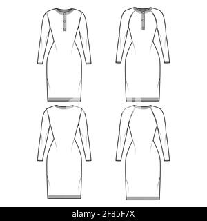 Set di pullover Polo dress illustrazione tecnica di moda con collo henley a costine, colletto classico, maniche lunghe a raglan, rifiniture in maglia. Abbigliamento piatto, anteriore, posteriore, colore bianco. Donne, uomini CAD mockup Illustrazione Vettoriale