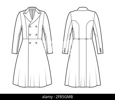 Cappotto Redingote illustrazione tecnica moda con doppio petto, calzato, maniche lunghe, collo in reverendo, lunghezza ginocchio. Mascherina piatta frontale, posteriore, colore bianco. Donne, uomini top mockup CAD Illustrazione Vettoriale