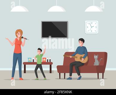 Illustrazione piatta vettoriale per utenti privati. Famiglia che passa il tempo insieme all'interno. Felice madre sorridente che canta, padre che suona la chitarra e figlio che balla. Persone che festeggiano il compleanno o la vacanza. Illustrazione Vettoriale