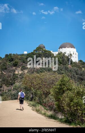 Una giovane donna fa un'escursione al Griffith Park West Observatory Trail con Griffith Observatory sopra in una bella giornata, molto spazio per le distanze sociali. Foto Stock