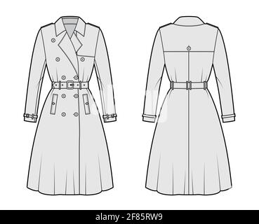 Trench coat completo illustrazione tecnica di moda con cintura, doppio tostato, maniche lunghe, colletto largo, lunghezza ginocchio, paraspruzzi. Modello piatto anteriore, posteriore, grigio. Donne, uomini top mockup CAD Illustrazione Vettoriale