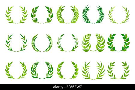 Stemma verde dei trofei fogliati, set di icone con emblema rotondo vincitore. Ramificazioni circolari di alloro o premio di ramificazione di olive. Collezione corone a foglia d'epoca. Ideale per carte, logo, applicazioni di gioco. Illustrazione vettoriale isolata Illustrazione Vettoriale