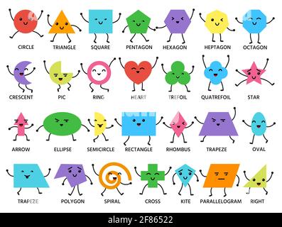 Simpatico forma geometrica faccine emoji con mani e gambe. Poster a colori per lo studio della geometria per l'insegnamento e l'apprendimento di figure di base a scuola. Fumetti emoticon bambini. Bel materiale educativo visivo Illustrazione Vettoriale