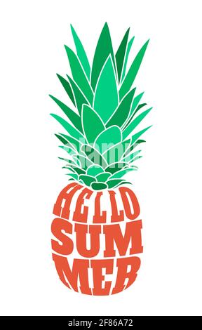 Ciao testo estivo in forma di ananas isolato su sfondo bianco, design per biglietto di auguri vacanza e invito di vacanze estive stagionali, spiaggia, Illustrazione Vettoriale