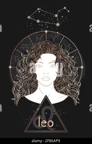 Carta d'astrologia d'oro. Segno zodiacale Leone, costellazione e bella donna ritratto su sfondo scuro con cerchio oroscopo. Immagine vettoriale in oro e. Illustrazione Vettoriale