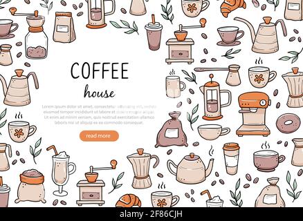 Disegnato a mano del modello di banner del sito web con macchine da caffè assortite e dessert su sfondo bianco. Stile di schizzo Doodle. Illustrazione vettoriale per caffetteria, bar, banner ristorante, sfondo, cornice Illustrazione Vettoriale