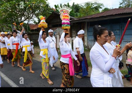 Processione di donne tradizionalmente vestite che portano offerte di templi / gebogani sulla loro testa vicino a Ubud, Bali, Indonesia. Foto Stock