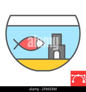 Icona della linea di colore dell'acquario, animale domestico e vaso di pesce, icona del vettore di pesce nell'acquario, grafica vettoriale, segno del contorno riempito di tratto modificabile, eps 10. Illustrazione Vettoriale