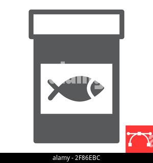 Icona di glifo di alimentazione del pesce, negozio di animali domestici e pasto, icona di vettore di vasetto di cibo di pesce, grafica vettoriale, segno solido di tratto modificabile, eps 10. Illustrazione Vettoriale