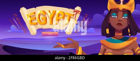 Bandiera egiziana con Cleopatra e papiro scorrere sullo sfondo del deserto notturno. Illustrazione vettoriale dell'antica regina egiziana in corona d'oro, faraone donna e arrotolato su pergamena vintage Illustrazione Vettoriale