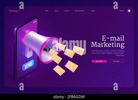 Banner di marketing via e-mail. Concetto di strategia promozionale e pubblicitaria con comunicazione per posta elettronica. Landing page vettoriale con smartphone isometrico, altoparlante e messaggi volanti Illustrazione Vettoriale