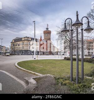 Centro di Cottbus con la Torre Spremberg Foto Stock