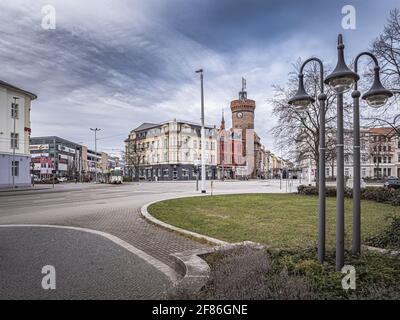 Centro di Cottbus con la Torre Spremberg Foto Stock