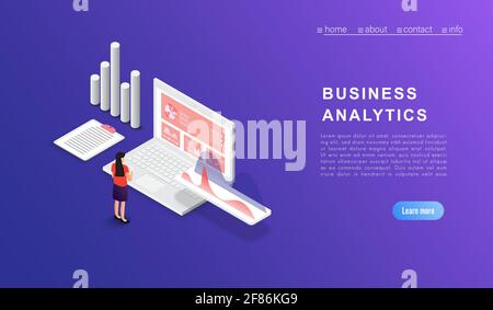 Dati di analisi aziendale concettuale e investimenti. Successo aziendale.Revisione finanziaria con laptop ed elementi infografici. design piatto isometrico 3d. Illustrazione Vettoriale