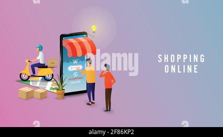 Uomo che acquista online utilizzando lo smartphone. Applicazione mobile, Shopping Online delivery. Concetto di marketing. Illustratore vettoriale. Illustrazione Vettoriale