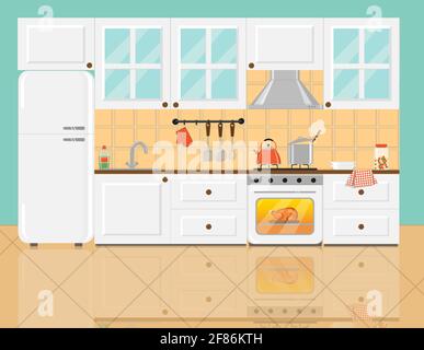 Cucina con mobili bianchi e cibo su piano cottura Illustrazione Vettoriale