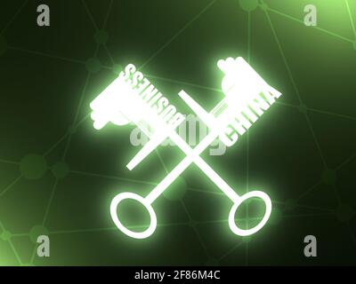 Design piatto concetto moderno di illustrazione di una chiave di business. Icona di fabbrica e testo cinese sul tasto. Rendering 3D Foto Stock