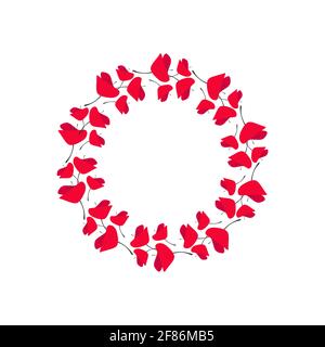 Rosso papavero fiorisce ghirlanda isolato su sfondo bianco. Biglietto d'auguri floreale con corona di fiori. Immagine piatta vettoriale. Buono per testo di festa e ca Illustrazione Vettoriale