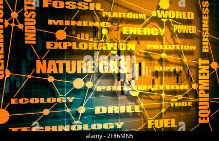 Nube di tag relativi al gas naturale. Immagine relativa alla produzione e alla fornitura di gas. Linee collegate con punti. Modello Forex Candlestick. Grafico commerciale. Fina Foto Stock