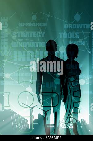 Silhouette di uomini d'affari. Doppia esposizione dell'immagine a toni. Foto Stock