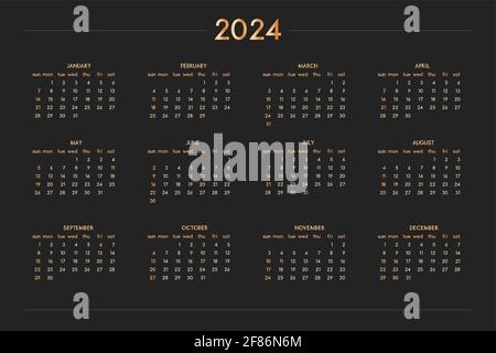 calendario 2024 per agenda personale pianificatore, oro su nero lusso ricco  stile. Formato orizzontale. La settimana inizia la domenica Immagine e  Vettoriale - Alamy