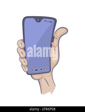 L'illustrazione cartoon di uno smartphone in mano con uno spazio vuoto è isolata su uno sfondo bianco. Illustrazione Vettoriale
