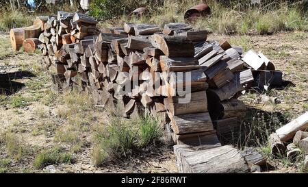 mucchio di legno che è stato alterato nel tempo, tritato pronto per essere bruciato. Mullion Creek, NSW, Australia. Foto Stock