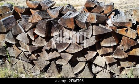 mucchio di legno che è stato alterato nel tempo, tritato pronto per essere bruciato. Mullion Creek, NSW, Australia. Foto Stock