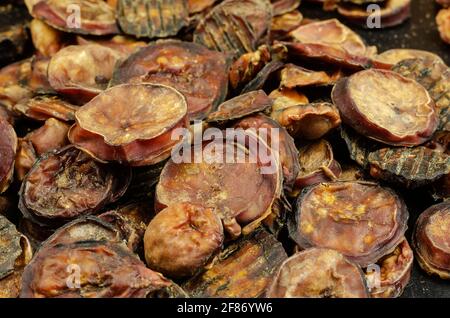 Delizie utili per gli animali domestici. Pezzi di testicoli bovini secchi. Telaio completo di pezzi di trattamento essiccati. Manzo a scatti per i cani. Primo piano. Riprese a livello degli occhi, sel Foto Stock