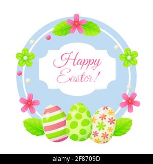 Buon biglietto d'auguri pasquale con uova, vite e fiori. Può essere utilizzato per promozione, invito, offerta speciale tipografia concetto modello. Scorte Illustrazione Vettoriale