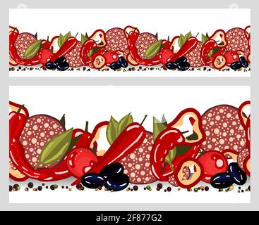 Cucina tessile design. Cucina bordo cibo senza giunture. Pizza, salame, peperoni e olive con olive. Pizza italiana. Illustrazione Vettoriale