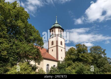 Pittoresca torre della chiesa dietro grandi alberi decidui in estate soleggiata Foto Stock