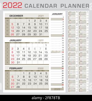 Modello di pianificazione del calendario 2022. Settimana a partire da Domenica. calendario di 3 mesi a pagina, con calandra a destra del mese d'attualità. Pronto per la stampa Illustrazione Vettoriale