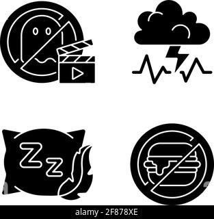 Cause delle icone di glifo nero di sonno cattivo impostate su bianco spazio Illustrazione Vettoriale