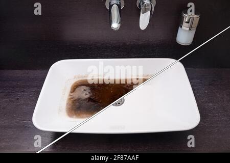 Sostruire il lavandino del bagno. Prima e dopo aver risolto il problema di ostruzione Foto Stock