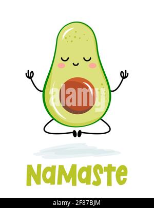 Namaste kawaii disegno di carattere avocado in posa di youga del loto. Adatto per poster, volantini, t-shirt, carte, inviti, adesivi, striscioni, regali. Divertente v Illustrazione Vettoriale