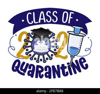 Congratulazioni laureati Classe 2021 - Kawaii coronavirus con cappello di laurea e vaccino. Illustrazione vettoriale di una classe di graduazione di 2021. Bene Illustrazione Vettoriale