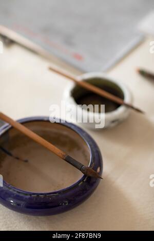 Pennello di inchiostro e calligrafia cinese Foto Stock
